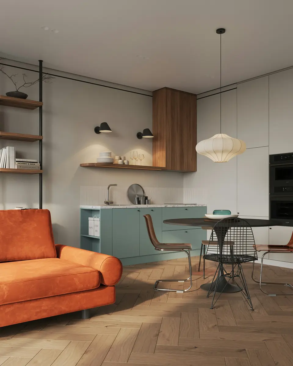 Sala y cocina renovadas con sofá naranja y piso de madera